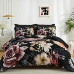 Menghomeus Black Comforter Set Queen 7 Piece Bed in a Bag Floral Bedding Comforter Sets with Sheets Set, Soft Microfiber Bedding Set for All Season
