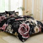 Menghomeus Black Comforter Set Queen 7 Piece Bed in a Bag Floral Bedding Comforter Sets with Sheets Set, Soft Microfiber Bedding Set for All Season