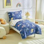 DuShow Dinosaur Toddler Bedding Set,4 Pieces Cotton Comforter Set for Boys,4 Piece Crib Bed Sheet Set,Super Soft and Comfortable-Navy Blue