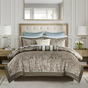 Madison Park Aubrey Cozy Comforter Set, Faux Silk Jacquard Paisley Design - All Season Down Alternative Bedding with Cotton Bed Sheets, Bed Skirt & Toss Pillows, Queen Blue 12 Piece