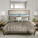 Madison Park Aubrey Cozy Comforter Set, Faux Silk Jacquard Paisley Design - All Season Down Alternative Bedding with Cotton Bed Sheets, Bed Skirt & Toss Pillows, Queen Blue 12 Piece