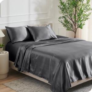 Bare Home King Poly Satin Sheet Set - Luxury Soft and Smooth Satin - for Hair and Skin - Breathable - Similar to Silk - Deep Pocket up to 15” - Bedding Sheet Set (King, Grey)