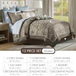 Madison Park Aubrey Cozy Comforter Set, Faux Silk Jacquard Paisley Design - All Season Down Alternative Bedding with Cotton Bed Sheets, Bed Skirt & Toss Pillows, Queen Blue 12 Piece