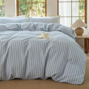 BESTDESIL Luxury 100% Washed Cotton Linen Like Duvet Cover Set,3 Pcs Striped Duvet Cover with Zipper Closure(Strip-Cornflower Blue/White,Queen)
