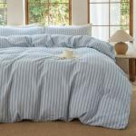 BESTDESIL Luxury 100% Washed Cotton Linen Like Duvet Cover Set,3 Pcs Striped Duvet Cover with Zipper Closure(Strip-Cornflower Blue/White,Queen)