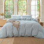 BESTDESIL Luxury 100% Washed Cotton Linen Like Duvet Cover Set,3 Pcs Striped Duvet Cover with Zipper Closure(Strip-Cornflower Blue/White,Queen)