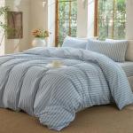 BESTDESIL Luxury 100% Washed Cotton Linen Like Duvet Cover Set,3 Pcs Striped Duvet Cover with Zipper Closure(Strip-Cornflower Blue/White,Queen)