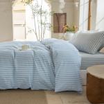 BESTDESIL Luxury 100% Washed Cotton Linen Like Duvet Cover Set,3 Pcs Striped Duvet Cover with Zipper Closure(Strip-Cornflower Blue/White,Queen)