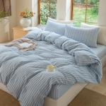 BESTDESIL Luxury 100% Washed Cotton Linen Like Duvet Cover Set,3 Pcs Striped Duvet Cover with Zipper Closure(Strip-Cornflower Blue/White,Queen)