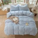 BESTDESIL Luxury 100% Washed Cotton Linen Like Duvet Cover Set,3 Pcs Striped Duvet Cover with Zipper Closure(Strip-Cornflower Blue/White,Queen)
