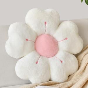 Flower Shaped Pillow, Cute Decorative Throw Pillow with Soft Artificial Rabbit Fur for Couch Bed Chair Floor, Flower Pillows Seating Cushions Room Décor for Bedroom Living Room (14.9", White)