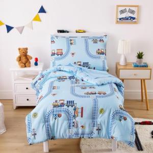 Wake In Cloud - Train Toddler Bedding Set for Boys, Cartoon Trains on Railway, 4 Pieces Soft Crib Bed Set Including Comforter, Sheets and Pillowcase, Light Blue