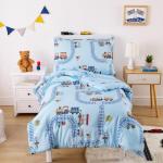Wake In Cloud - Train Toddler Bedding Set for Boys, Cartoon Trains on Railway, 4 Pieces Soft Crib Bed Set Including Comforter, Sheets and Pillowcase, Light Blue