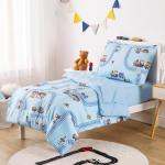 Wake In Cloud - Train Toddler Bedding Set for Boys, Cartoon Trains on Railway, 4 Pieces Soft Crib Bed Set Including Comforter, Sheets and Pillowcase, Light Blue