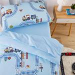 Wake In Cloud - Train Toddler Bedding Set for Boys, Cartoon Trains on Railway, 4 Pieces Soft Crib Bed Set Including Comforter, Sheets and Pillowcase, Light Blue