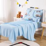 Wake In Cloud - Train Toddler Bedding Set for Boys, Cartoon Trains on Railway, 4 Pieces Soft Crib Bed Set Including Comforter, Sheets and Pillowcase, Light Blue