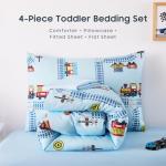 Wake In Cloud - Train Toddler Bedding Set for Boys, Cartoon Trains on Railway, 4 Pieces Soft Crib Bed Set Including Comforter, Sheets and Pillowcase, Light Blue