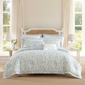 Laura Ashley - Queen Comforter Set, Soft Cotton Blend Bedding with Medium Weight Feel, Reversible Bedding with Matching Pillowscases, Bonus Euro Shams & Throw Pillows, 7 Piece Bed Set (Nora Blue)