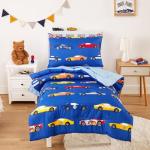 Wake In Cloud - Race Car Toddler Bedding Set for Boys, Cute Colorful Sports Car Supercar Wheels, 4 Pieces Soft Crib Bed Set Including Comforter, Sheets and Pillowcase, Blue