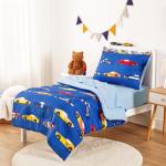 Wake In Cloud - Race Car Toddler Bedding Set for Boys, Cute Colorful Sports Car Supercar Wheels, 4 Pieces Soft Crib Bed Set Including Comforter, Sheets and Pillowcase, Blue