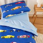 Wake In Cloud - Race Car Toddler Bedding Set for Boys, Cute Colorful Sports Car Supercar Wheels, 4 Pieces Soft Crib Bed Set Including Comforter, Sheets and Pillowcase, Blue