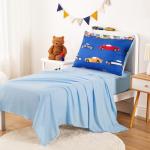 Wake In Cloud - Race Car Toddler Bedding Set for Boys, Cute Colorful Sports Car Supercar Wheels, 4 Pieces Soft Crib Bed Set Including Comforter, Sheets and Pillowcase, Blue