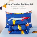 Wake In Cloud - Race Car Toddler Bedding Set for Boys, Cute Colorful Sports Car Supercar Wheels, 4 Pieces Soft Crib Bed Set Including Comforter, Sheets and Pillowcase, Blue