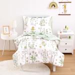 Wake In Cloud - Floral Toddler Bedding Set for Girls, Cute Botanical Flowers Leaves, 4 Pieces Soft Crib Bed Set Including Comforter, Sheets and Pillowcase, Green White