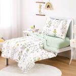 Wake In Cloud - Floral Toddler Bedding Set for Girls, Cute Botanical Flowers Leaves, 4 Pieces Soft Crib Bed Set Including Comforter, Sheets and Pillowcase, Green White