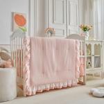 Lace Ruffle Crib Bedding Set 3 Pieces Baby Boho Lace Quilted Comforter with Fitted Sheet and Bed Skirt - Cute Ruffled Shabby Chic Baby Bedding Soft Blanket Design Cream White Beige