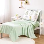 Wake In Cloud - Floral Toddler Bedding Set for Girls, Cute Botanical Flowers Leaves, 4 Pieces Soft Crib Bed Set Including Comforter, Sheets and Pillowcase, Green White