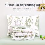 Wake In Cloud - Floral Toddler Bedding Set for Girls, Cute Botanical Flowers Leaves, 4 Pieces Soft Crib Bed Set Including Comforter, Sheets and Pillowcase, Green White