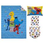 Sesame Street Come and Play, Elmo, Big Bird, Cookie Monster, Grover, and Oscar The Grouch 4 Piece Toddler Bed Set - Comforter, Fitted Bottom Sheet, Flat Top Sheet, and Reversible Pillowcase