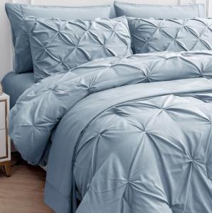 LANE LINEN Queen Comforter Set, 7 Piece Set with Sheets, Pillowcases & Shams - Soft Fluffy Pintuck French Blue