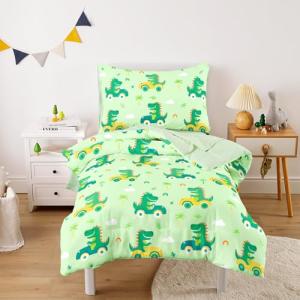Wake In Cloud - Dinosaur Toddler Bedding Set for Boys, Cute Dino Driving Cars, 4 Pieces Soft Crib Bed Set Including Comforter, Sheets and Pillowcase, Light Green
