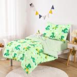 Wake In Cloud - Dinosaur Toddler Bedding Set for Boys, Cute Dino Driving Cars, 4 Pieces Soft Crib Bed Set Including Comforter, Sheets and Pillowcase, Light Green
