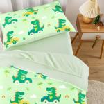 Wake In Cloud - Dinosaur Toddler Bedding Set for Boys, Cute Dino Driving Cars, 4 Pieces Soft Crib Bed Set Including Comforter, Sheets and Pillowcase, Light Green