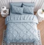 LANE LINEN Queen Comforter Set, 7 Piece Set with Sheets, Pillowcases & Shams - Soft Fluffy Pintuck French Blue