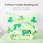 Wake In Cloud - Dinosaur Toddler Bedding Set for Boys, Cute Dino Driving Cars, 4 Pieces Soft Crib Bed Set Including Comforter, Sheets and Pillowcase, Light Green