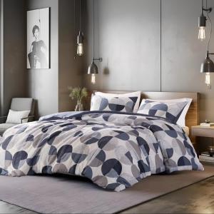 Regency Heights Stylish Three-Tone Printed Queen Size Comforter Set, 3 Pieces Ultra-Soft Microfiber Bedding Set, Warm and Cozy Comforter for All Seasons, Navy Blue & Grey