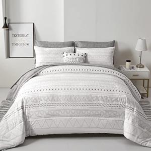 WONGS BEDDING Boho Comforter Set Queen,7 Pieces White Grey Geometric Bed in a Bag Comforter Bohemian Soft Microfiber Bedding Set for All Season with Pillowcases & Shams,Flat Sheet,Fitted Sheet