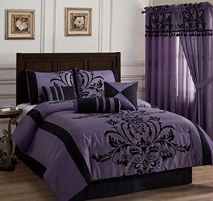 Chezmoi Collection Nobility 7-Piece Faux Silk Comforter Set King - Luxury Violet Black Flocked Velvet Floral All Season Bedding Comforter Set