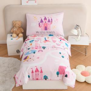 4-Piece Pink Castle Fairy Tale Toddler Bedding Set