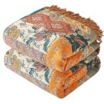 Boho Cotton Throw Blanket with Tassels and Floral Print