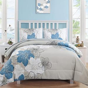 Blue Floral Queen Comforter Set - 7 Pieces