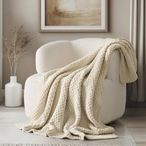 Cozy Beige Chenille Knit Throw Blanket