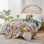 ERZVND Boho Throw Blanket for Bed, Double Sided Floral Decorated Bohemian Couch Blanket, Lightweight Breathable 100% Cotton Throw Blanket,Room, Farmhouse, Bed Decor (Happiness,50"x60")