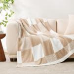 Snuggle Sac Checkered Blanket, Beige Throw Blanket for Couch Plaid Microfiber Fluffy Warm Cozy Fuzzy Soft Throw Blanket Reversible Checkerered Blankets for Sofa, Chair, Bed, 50x60 inches