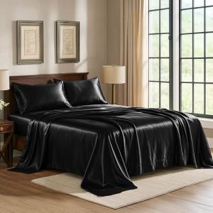 Luxury Black Satin Queen Bed Sheet Set