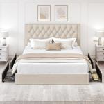 Beige King Size Tufted Bed Frame with Storage